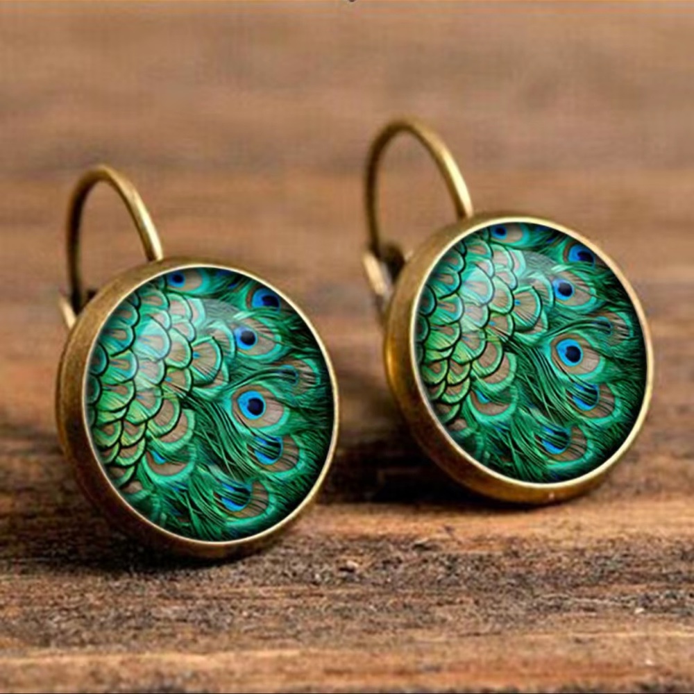 BOHO Gem Retro Peacock Feather Earrings Bronze